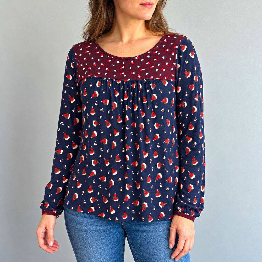 Boden Chepstow Top Womens 8 Navy Burgundy Mixed Print Long Sleeve Tencel Cotton